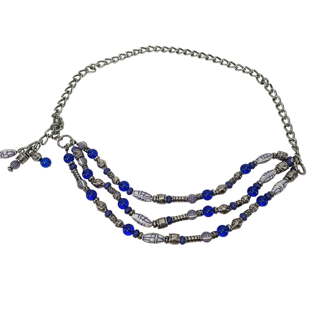 VTG Beaded Chain Belt Blue Silver Triple Strand Adjustable Waist Jewelry Boho